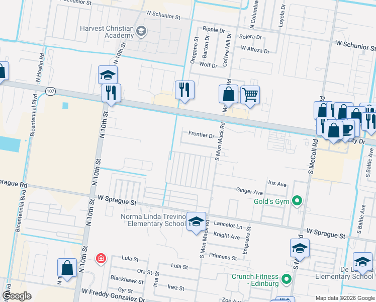 map of restaurants, bars, coffee shops, grocery stores, and more near 406 Downing Avenue in Edinburg