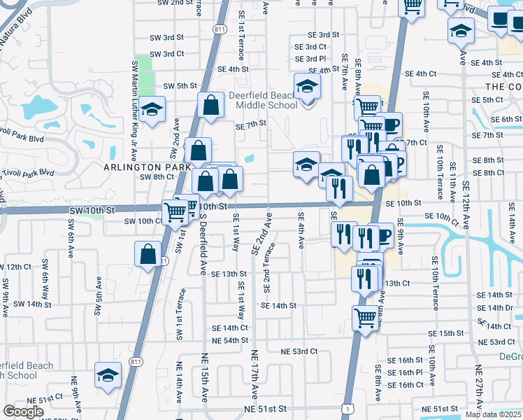 map of restaurants, bars, coffee shops, grocery stores, and more near 192 Southeast 10th Court in Deerfield Beach