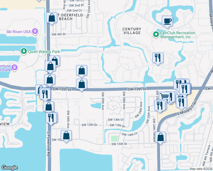 map of restaurants, bars, coffee shops, grocery stores, and more near 2913 Waterford Drive North in Deerfield Beach