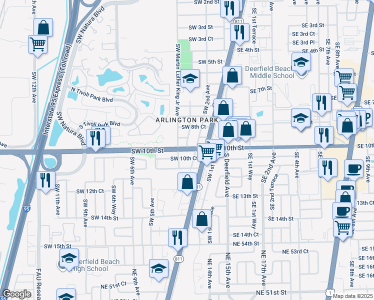 map of restaurants, bars, coffee shops, grocery stores, and more near 250 Southwest 10th Street in Deerfield Beach