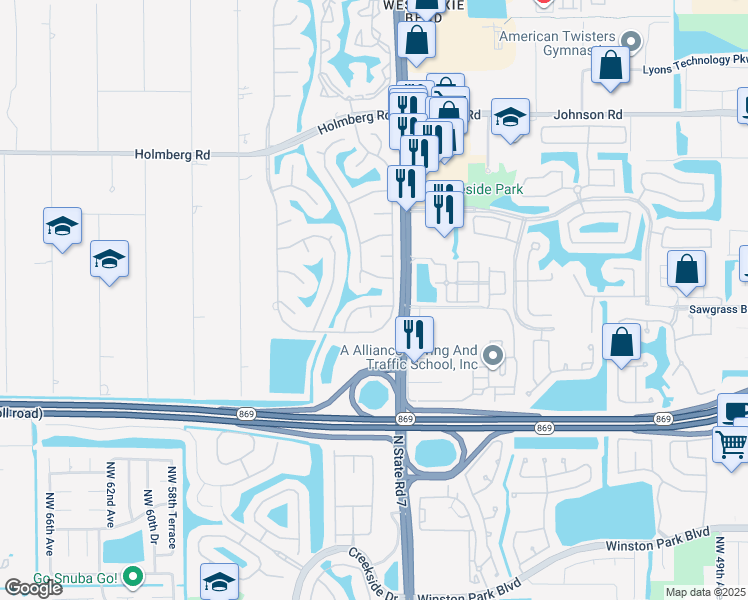 map of restaurants, bars, coffee shops, grocery stores, and more near 5731 Northwest 60th Street in Parkland