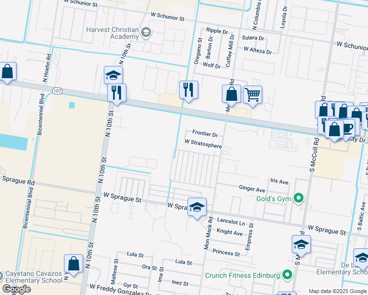 map of restaurants, bars, coffee shops, grocery stores, and more near 225 Las Vegas Drive in Edinburg