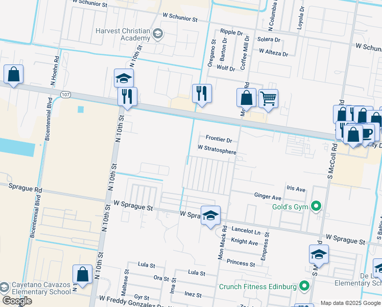 map of restaurants, bars, coffee shops, grocery stores, and more near 225 Las Vegas Drive in Edinburg