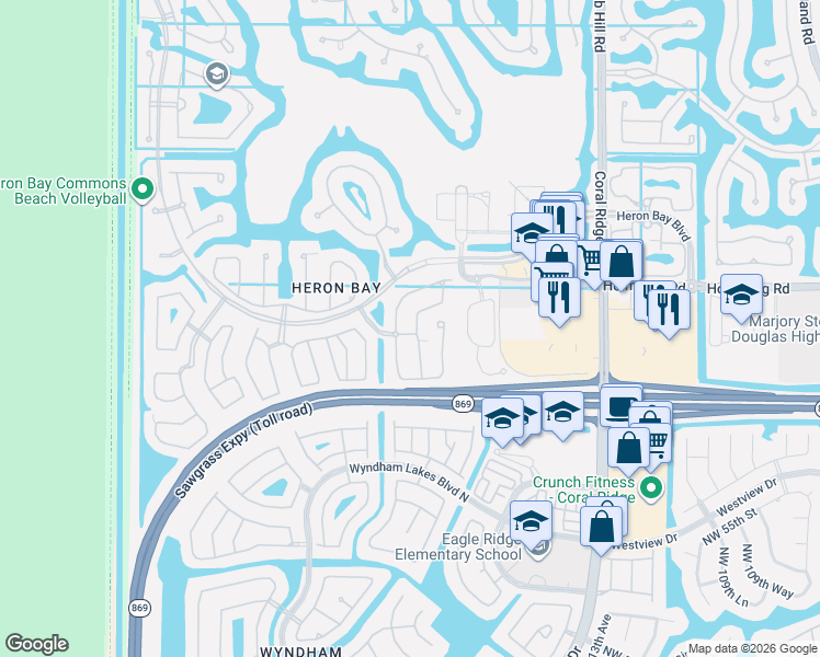 map of restaurants, bars, coffee shops, grocery stores, and more near 5818 Northwest 119th Drive in Coral Springs