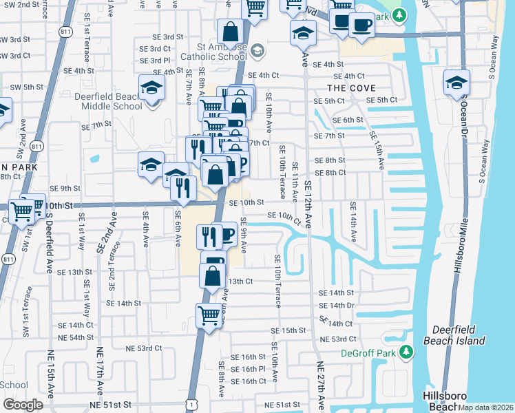 map of restaurants, bars, coffee shops, grocery stores, and more near 923 Southeast 10th Street in Deerfield Beach