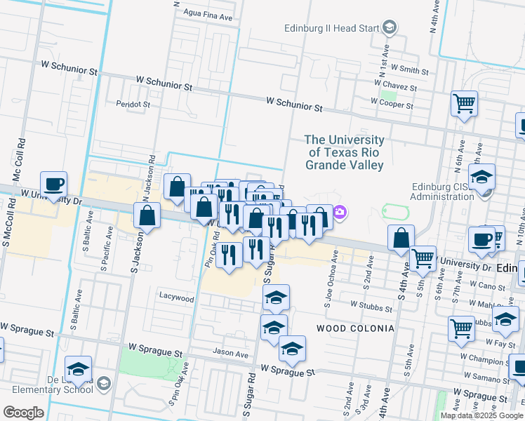 map of restaurants, bars, coffee shops, grocery stores, and more near 1605 West McIntyre Street in Edinburg