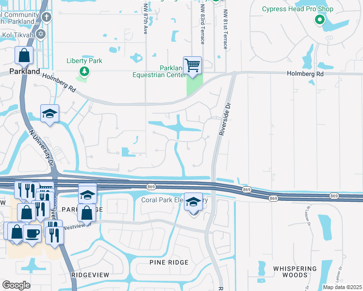 map of restaurants, bars, coffee shops, grocery stores, and more near 6041 Northwest 84th Terrace in Parkland