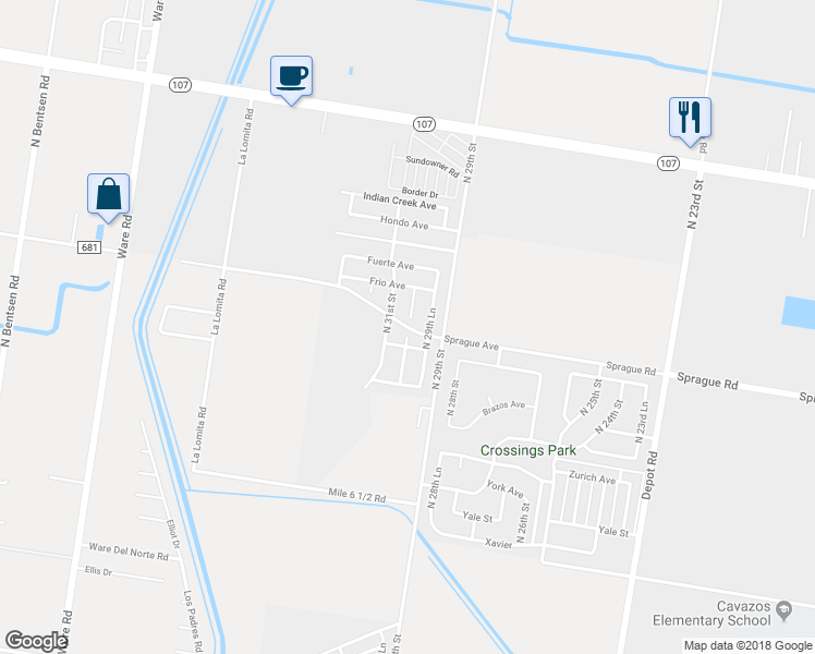 map of restaurants, bars, coffee shops, grocery stores, and more near Sprague Avenue in McAllen