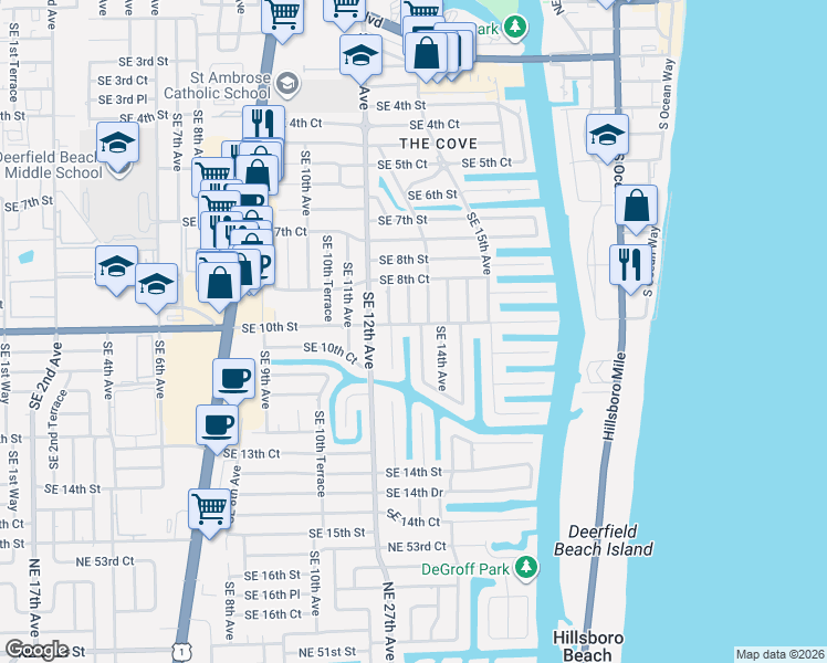 map of restaurants, bars, coffee shops, grocery stores, and more near 942 Southeast 13th Avenue in Deerfield Beach