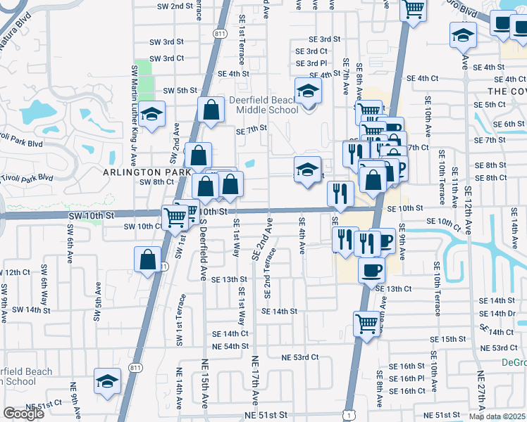 map of restaurants, bars, coffee shops, grocery stores, and more near 187 Southeast 10th Street in Deerfield Beach