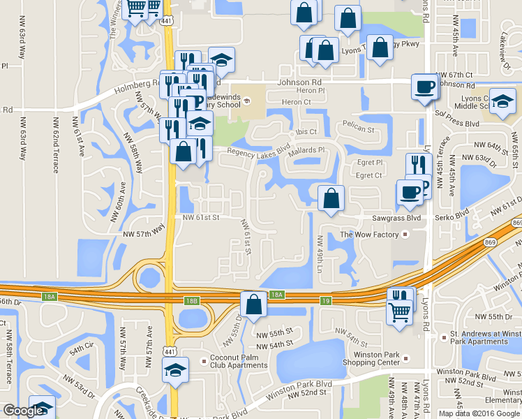 map of restaurants, bars, coffee shops, grocery stores, and more near 5354 Osprey Street in Coconut Creek