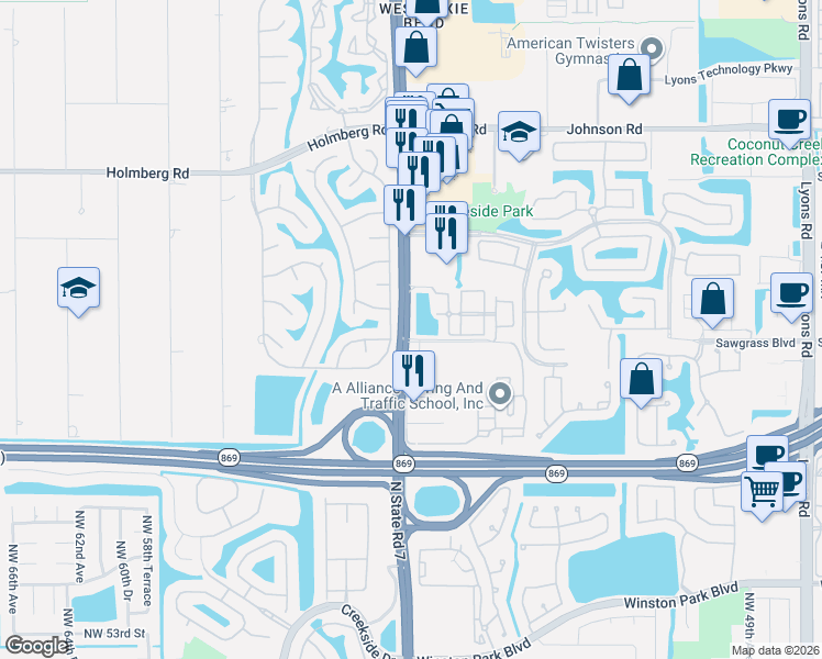 map of restaurants, bars, coffee shops, grocery stores, and more near 6142 North State Road 7 in Coconut Creek