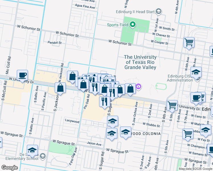 map of restaurants, bars, coffee shops, grocery stores, and more near 1605 West McIntyre Street in Edinburg