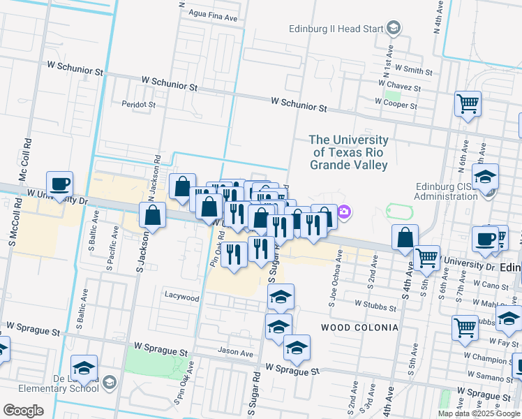 map of restaurants, bars, coffee shops, grocery stores, and more near 1605 West McIntyre Street in Edinburg