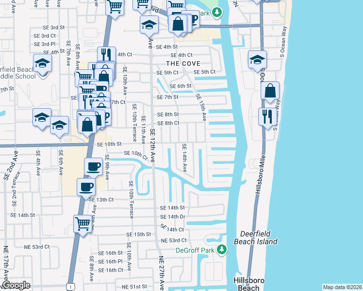 map of restaurants, bars, coffee shops, grocery stores, and more near 942 Southeast 13th Avenue in Deerfield Beach