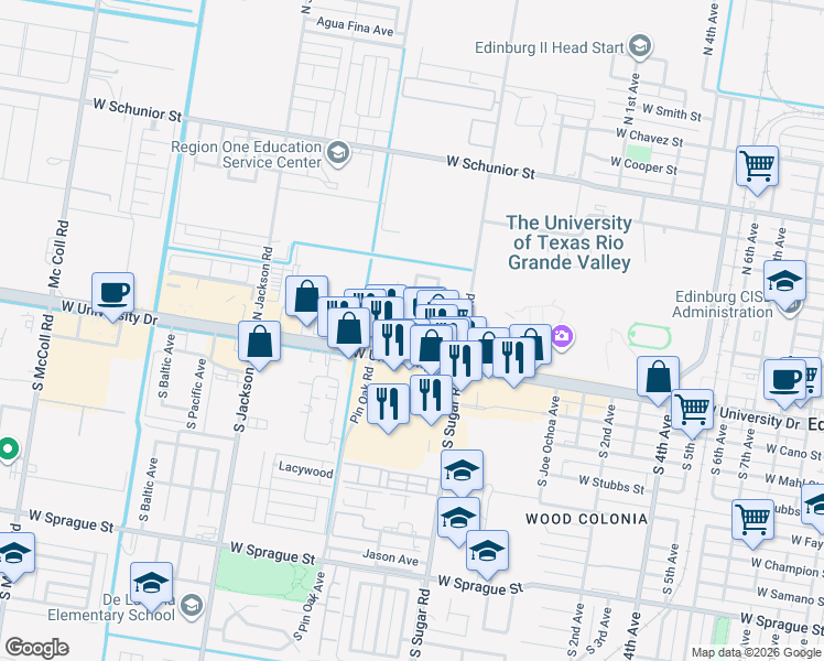 map of restaurants, bars, coffee shops, grocery stores, and more near 1605 West McIntyre Street in Edinburg