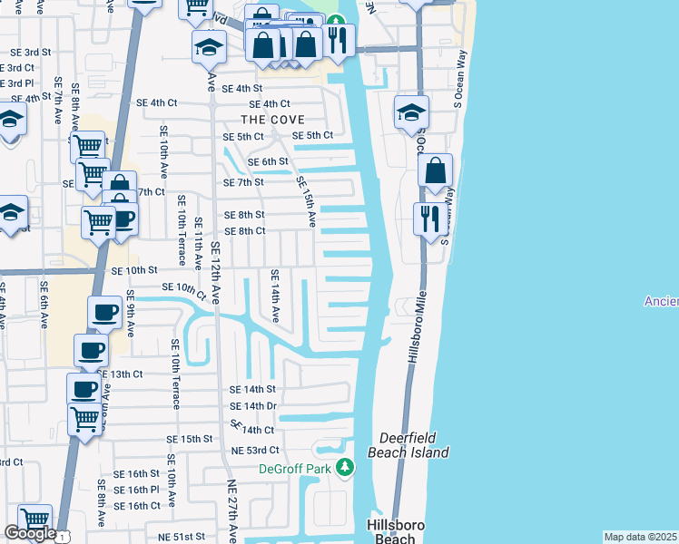 map of restaurants, bars, coffee shops, grocery stores, and more near 1529 Southeast 10th Street in Deerfield Beach