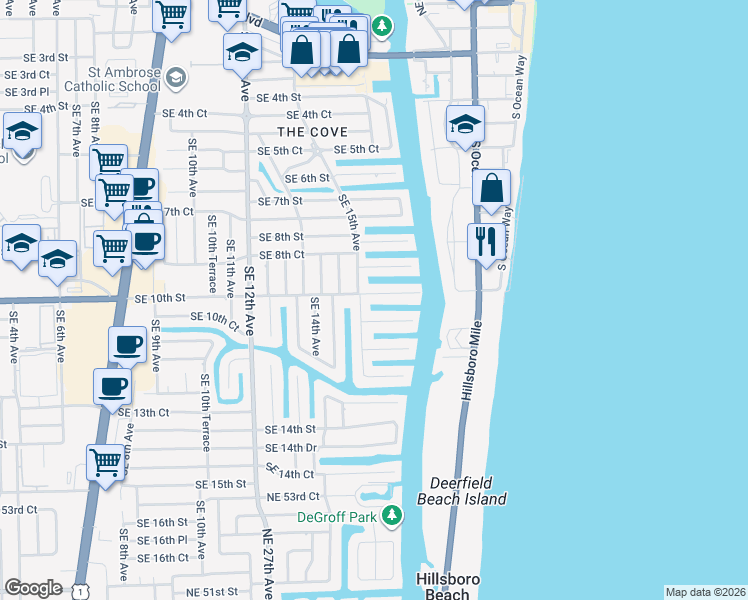 map of restaurants, bars, coffee shops, grocery stores, and more near 1529 Southeast 10th Street in Deerfield Beach