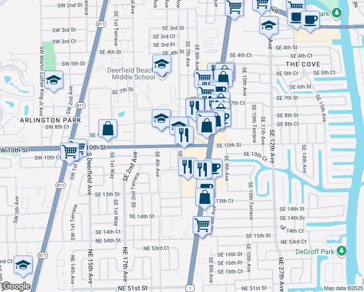 map of restaurants, bars, coffee shops, grocery stores, and more near 625 Southeast 10th Street in Deerfield Beach
