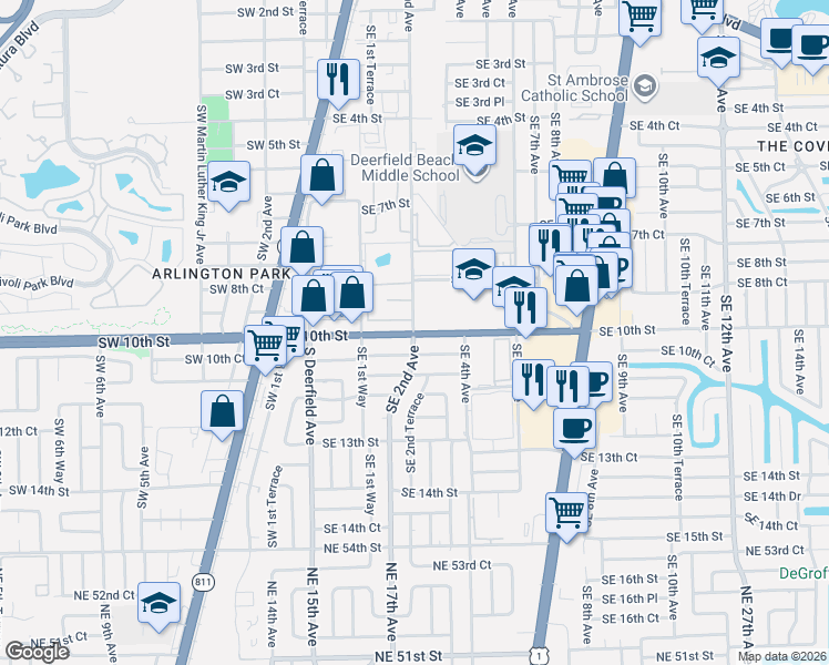 map of restaurants, bars, coffee shops, grocery stores, and more near 187 Southeast 10th Street in Deerfield Beach
