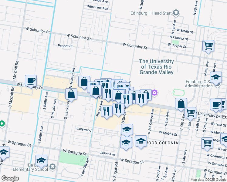 map of restaurants, bars, coffee shops, grocery stores, and more near 1605 West McIntyre Street in Edinburg