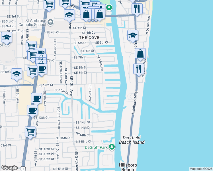 map of restaurants, bars, coffee shops, grocery stores, and more near 1529 Southeast 10th Street in Deerfield Beach