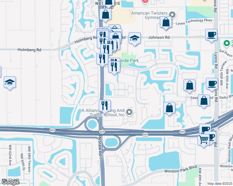 map of restaurants, bars, coffee shops, grocery stores, and more near 6112 Florida 7 in Coconut Creek