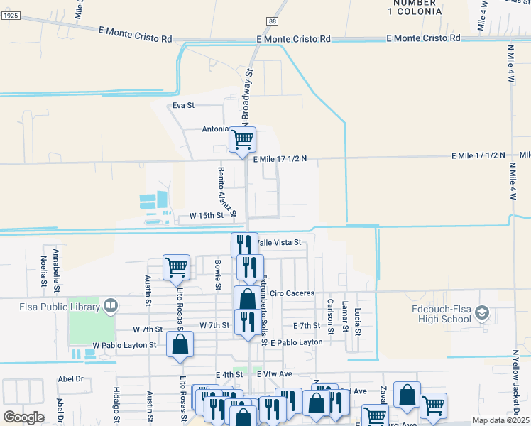 map of restaurants, bars, coffee shops, grocery stores, and more near 106 Gladiola Street in Elsa