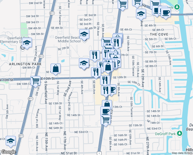 map of restaurants, bars, coffee shops, grocery stores, and more near 625 Southeast 10th Street in Deerfield Beach