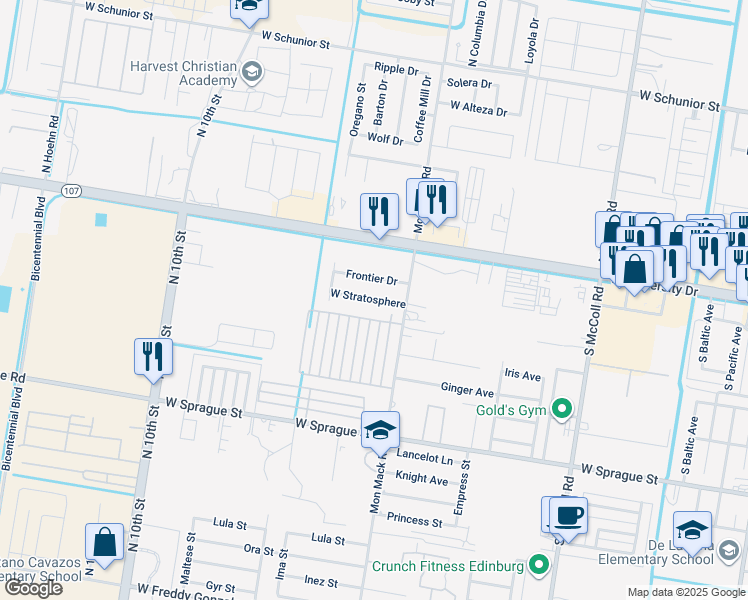 map of restaurants, bars, coffee shops, grocery stores, and more near West Stratosphere Drive in Edinburg