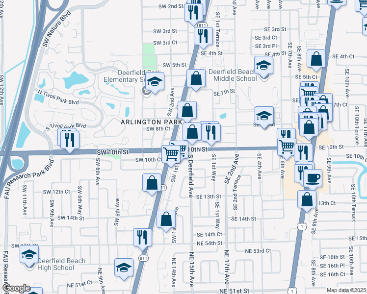 map of restaurants, bars, coffee shops, grocery stores, and more near 72 Southwest 9th Street in Deerfield Beach