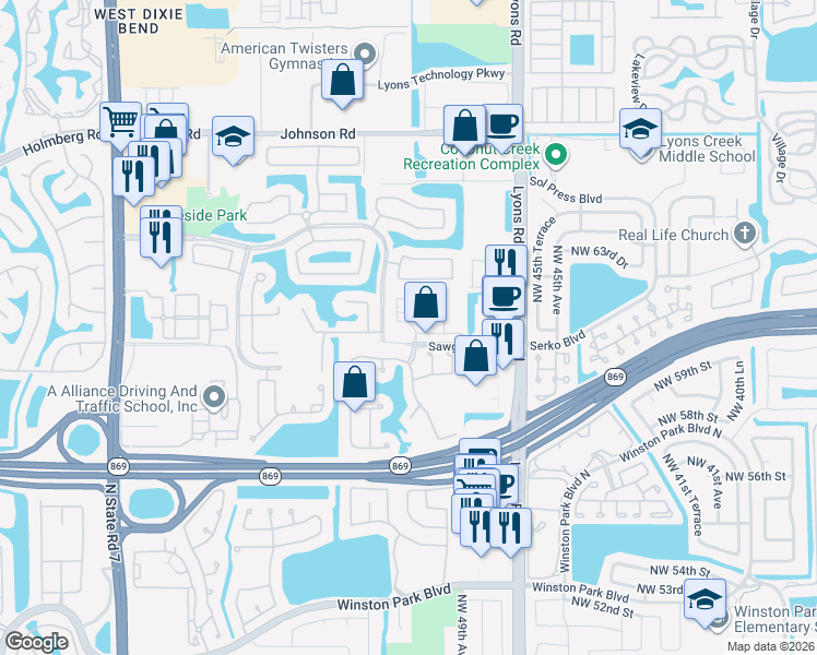 map of restaurants, bars, coffee shops, grocery stores, and more near 6077 Grand Cypress Circle West in Coconut Creek
