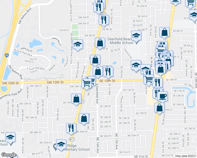 map of restaurants, bars, coffee shops, grocery stores, and more near 16 Southeast 9th Street in Deerfield Beach