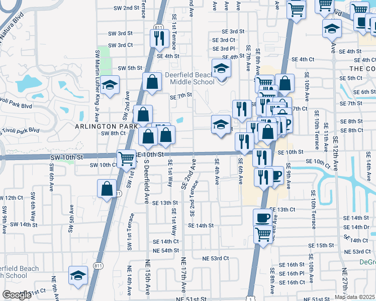 map of restaurants, bars, coffee shops, grocery stores, and more near 187 Southeast 10th Street in Deerfield Beach