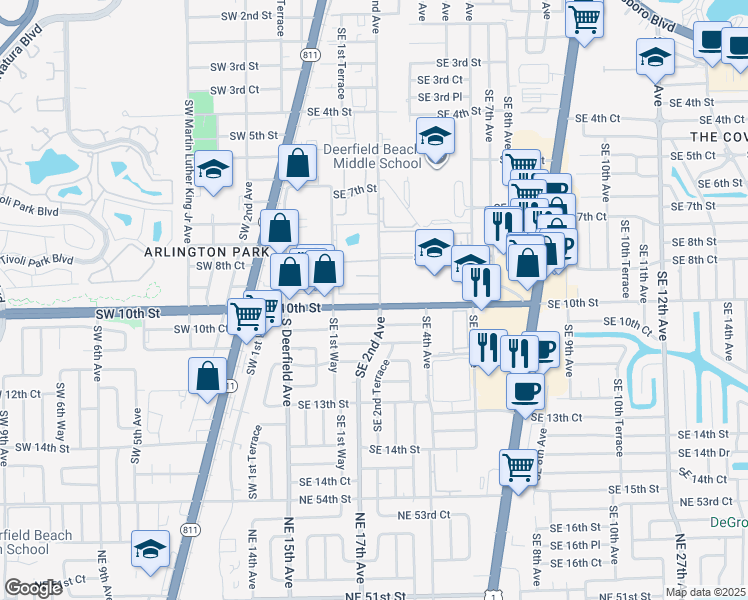 map of restaurants, bars, coffee shops, grocery stores, and more near 187 Southeast 10th Street in Deerfield Beach