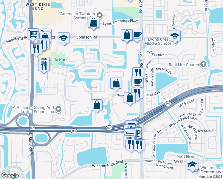 map of restaurants, bars, coffee shops, grocery stores, and more near 6077 Grand Cypress Circle West in Coconut Creek