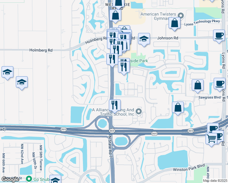 map of restaurants, bars, coffee shops, grocery stores, and more near 6142 North State Road 7 in Coconut Creek