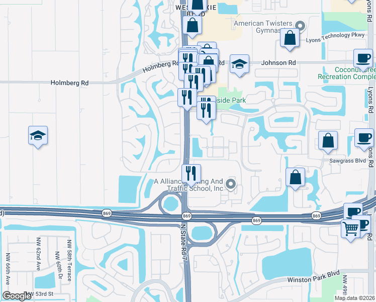 map of restaurants, bars, coffee shops, grocery stores, and more near 6142 North State Road 7 in Coconut Creek