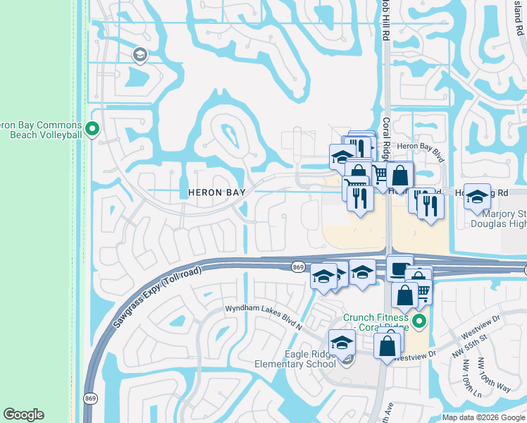 map of restaurants, bars, coffee shops, grocery stores, and more near 5838 Northwest 119th Drive in Coral Springs