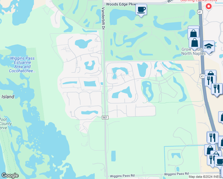 map of restaurants, bars, coffee shops, grocery stores, and more near 502 Lake Louise Circle in Naples