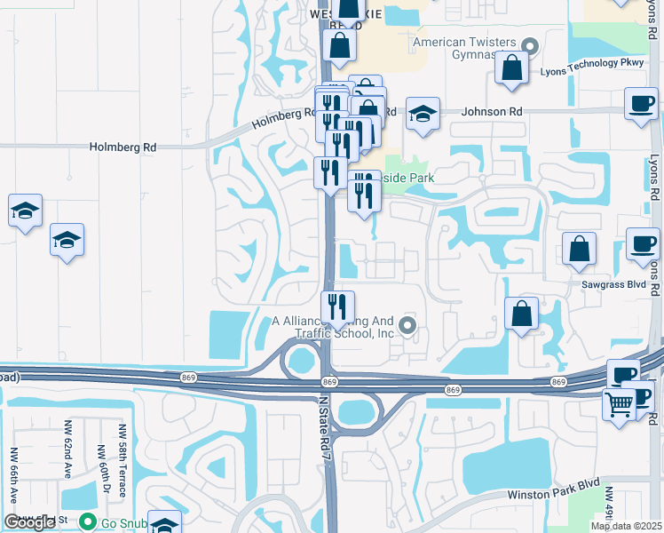 map of restaurants, bars, coffee shops, grocery stores, and more near 6112 North State Road 7 in Coconut Creek