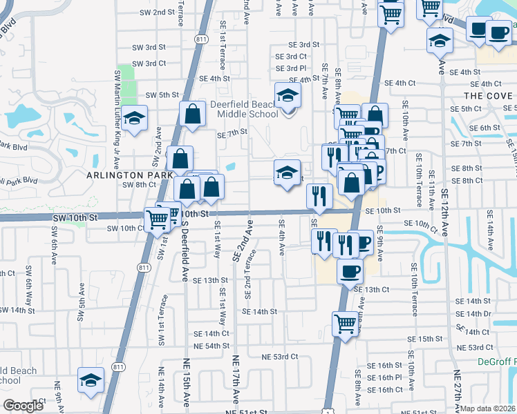 map of restaurants, bars, coffee shops, grocery stores, and more near 205 Southeast 10th Street in Deerfield Beach