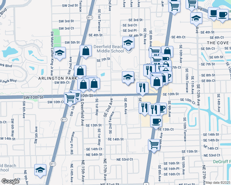 map of restaurants, bars, coffee shops, grocery stores, and more near 205 Southeast 10th Street in Deerfield Beach