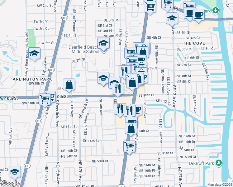 map of restaurants, bars, coffee shops, grocery stores, and more near 625 Southeast 10th Street in Deerfield Beach