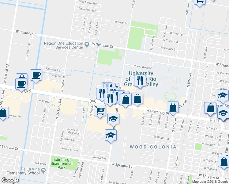 map of restaurants, bars, coffee shops, grocery stores, and more near 211 North Sugar Road in Edinburg