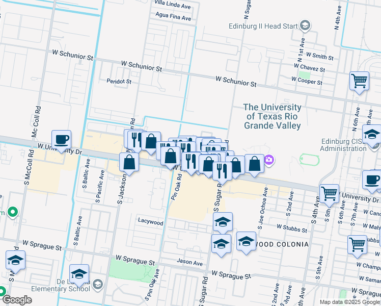 map of restaurants, bars, coffee shops, grocery stores, and more near 206 North Montevideo Avenue in Edinburg