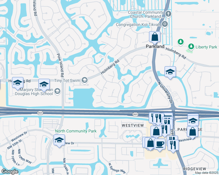 map of restaurants, bars, coffee shops, grocery stores, and more near 10031 Northwest 60th Court in Parkland