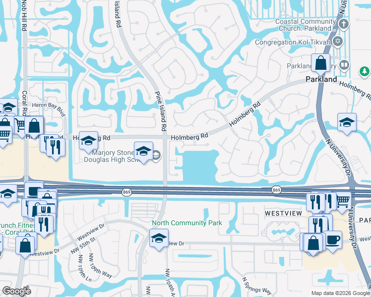 map of restaurants, bars, coffee shops, grocery stores, and more near 10350 Northwest 60th Place in Parkland