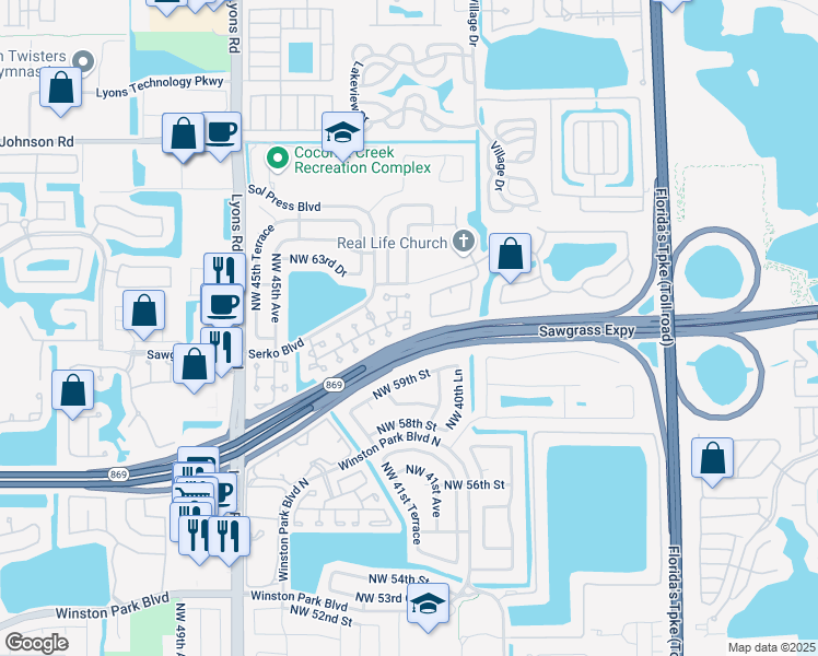 map of restaurants, bars, coffee shops, grocery stores, and more near 6040 Northwest 61st Court in Coconut Creek