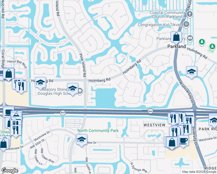 map of restaurants, bars, coffee shops, grocery stores, and more near 10260 Northwest 60th Place in Parkland